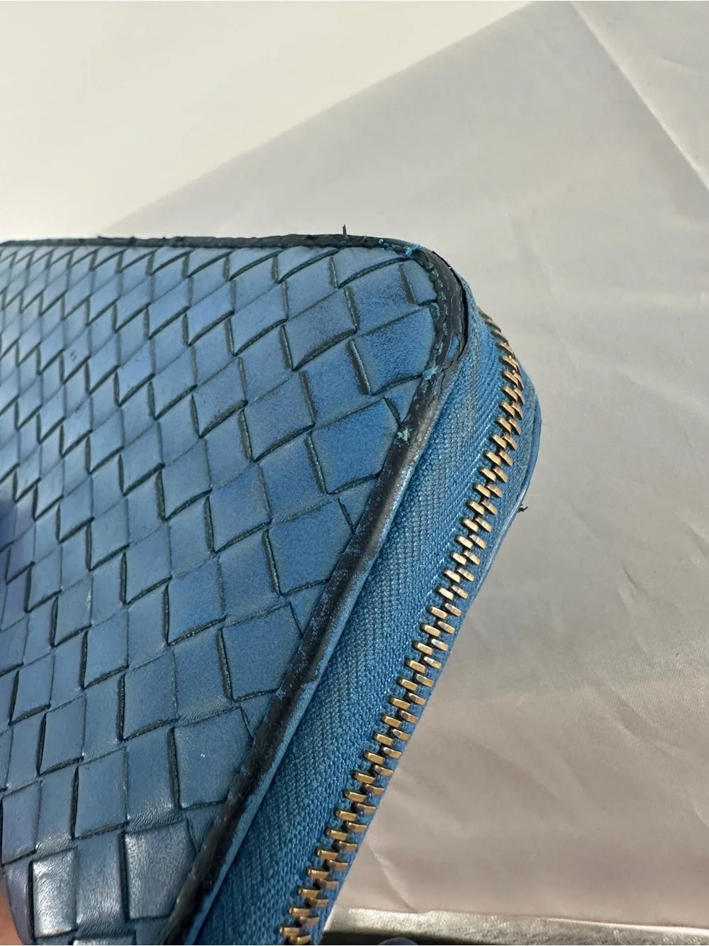 Bottega Veneta blue woven intrecciato long zip wallet